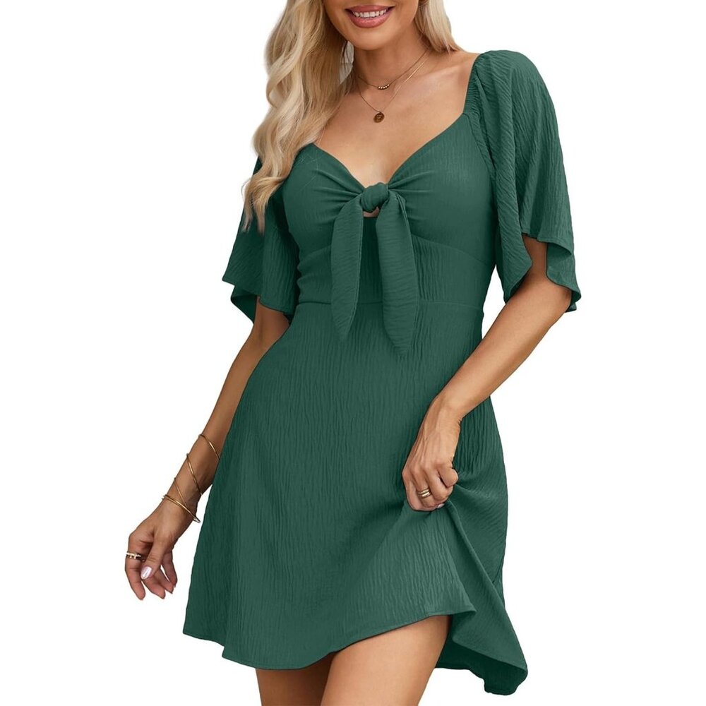 Womens Green Dresses 2024 Spring Summer Deep V Neck Elegant Bow tie Mini Dress
